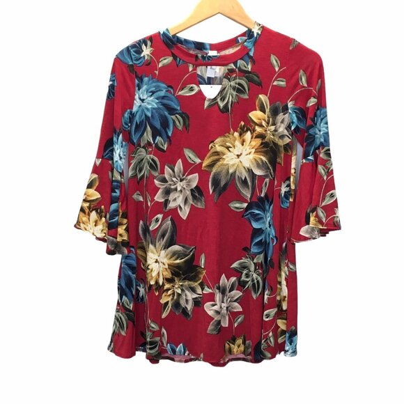 Floral Tunic Top Women Size Large Summer Red Tropical Bell Sleeve Flowy - Picture 2 of 11